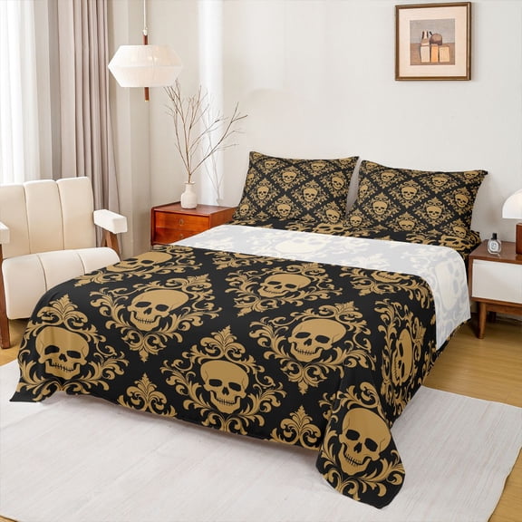 Homewish Black Gold Sugar Skull Queen Sheets,Vintage Damask Queen Sheet Sets,Halloween Bed Set,4pcs,1 Flat Sheet, 1 Fitted Sheet and 2 Pillowcases