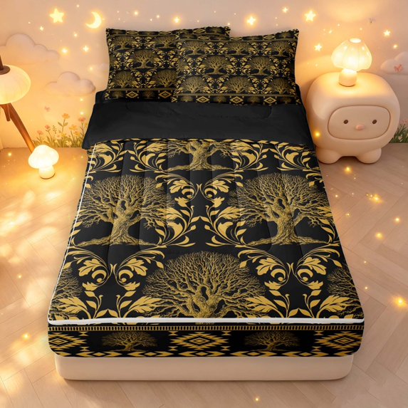 Homewish Black Gold Tree Of Life Zipper Full Size Comforter Sets with Fitted Sheet and 2 Pillowcases,Aztec Exotic Style Zipper Bedding Set,Black Reversible,4pcs