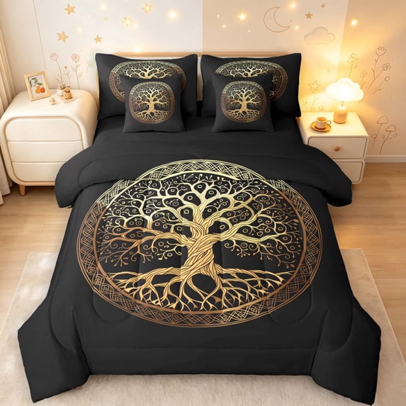 Homewish Black Gold Tree Of Life 7 Pieces Full Size Bedding Sets,Vintage Bohemian Print Full Size Bed in a Bag,Black Reversible