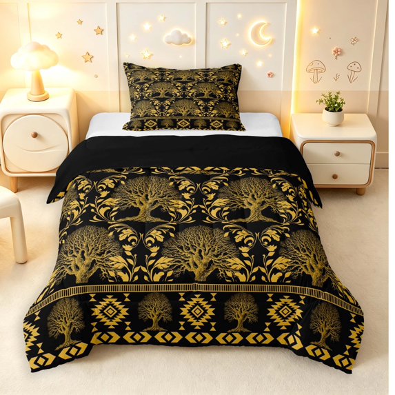 Homewish Black Gold Tree Of Life Twin Comforter Sets,Aztec Exotic Style Bedding Set,Black Reversible,2pcs,1 Comforter and 1 Pillowcase
