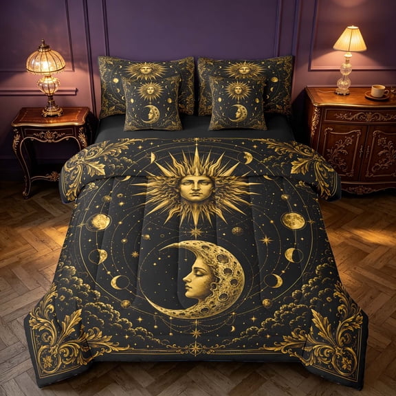 Homewish Black Gold Twin Bedding, Damask Sun Stars Moon Bedding Comforter Set, Black Reversible 7 Pieces