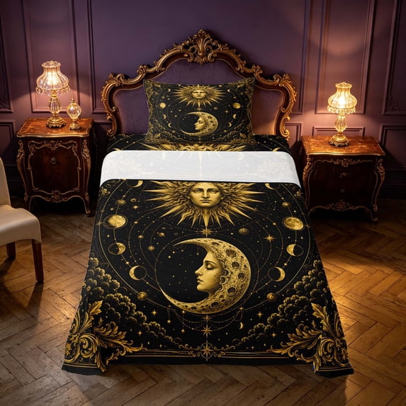 Homewish Black Gold Twin Sheets, Damask Sun Stars Moon Bedding, 3pcs, 1 Flat Sheet, 1 Fitted Sheet and 1 Pillowcase
