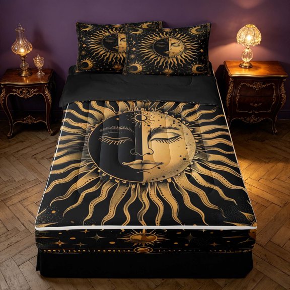 Homewish Black and Gold Zipper Twin Comforter Sets with Fitted Sheet and 2 Pillowcases, Hippie Sun and Moon Zipper Bedding Set, Stars Decor, Black Reversible