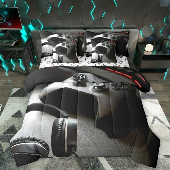 Homewish Black Gray 7 Pieces Bedding Comforter Set,Game Console Full Bedding Set,Gamer Gaming Fitted Sheet Flat Sheet For Boys,Breathable Bedroom Decorative Reversible