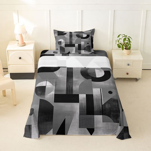 Homewish Black Gray Geometric Twin Sheets,Abstract Aesthetic Bedding,3-Piece,1 Fitted Sheet and 1 Pillowcase