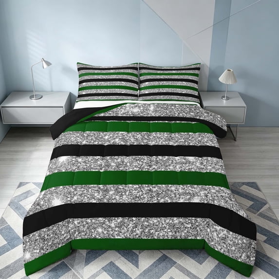 Homewish Black Gray Green Stripe Full Size Comforter Sets, Sequin Print Geometric Bedding Comforter Set, Black Reversible, 3-Piece 1 Comforter and 2 Pillowcases