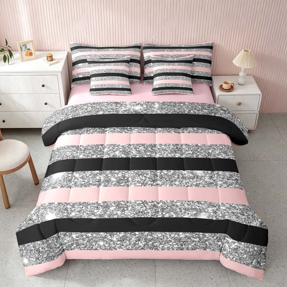 Homewish Black Gray Pink Stripe Full Size Bedding Sets, Sequin Print Geometric Full Size Bed in a Bag, Pink Reversible, 7-Piece