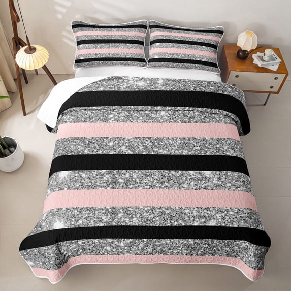 Homewish Black Gray Pink Stripe Twin Quilt Set, Sequin Print Geometric Twin Coverlet Set, 2-Piece 1 Bedspread and 1 Pillowcase
