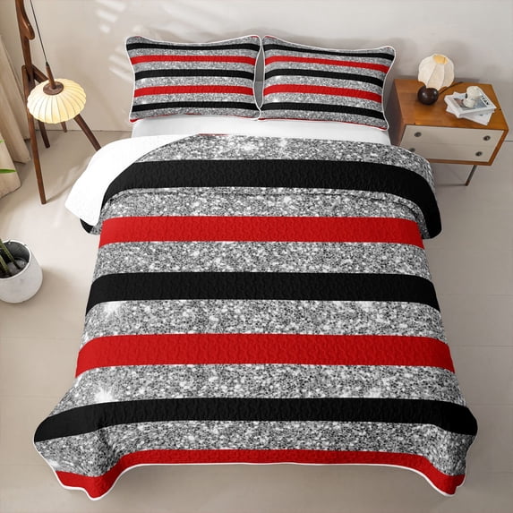 Homewish Black Gray Red Stripe Twin Quilt Set, Sequin Print Geometric Twin Coverlet Set, 2-Piece 1 Bedspread and 1 Pillowcase