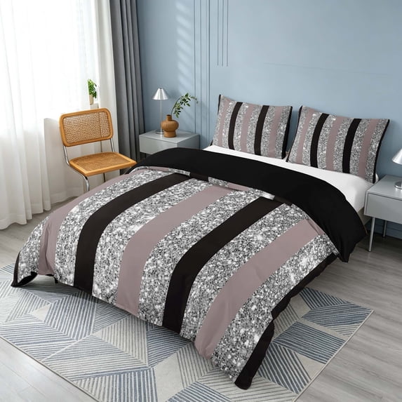 Homewish Black Gray Stripe Duvet Cover Queen for Girls, Glitter Stars Queen Bedding, Black Reversible, 3pcs 1 Duvet Cover and 2 Pillowcases