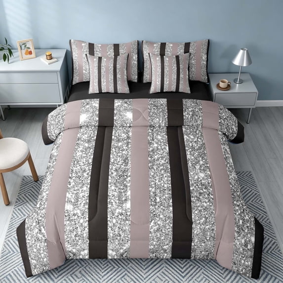 Homewish Black Gray Stripe King Bedding for Girls, Glitter Stars King Bed in a Bag, Black Reversible, 7 Pieces
