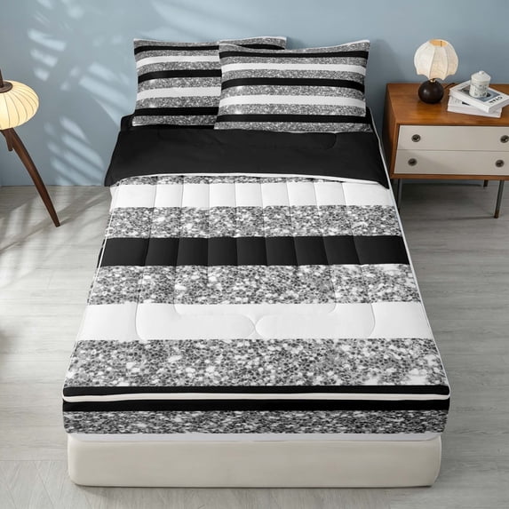 Homewish Black Gray Stripe Zipper Twin Comforter Sets with Fitted Sheet and 2 Pillowcases, Silver Glitter Sequin Print Zipper Bedding Set