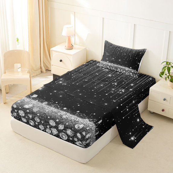Homewish Black Gray Twin Sheets, Diamonds Sequins Print Bedding for Girls, 3 Pieces (1 Flat Sheet, 1 Fitted Sheet and 1 Pillowcase)