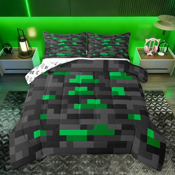 Homewish Black Green Abstract Bedding Comforter Set for Boys, Building Gamers Twin Comforter Sets, Pixelate Miner Reversible Bedding Set, Microfiber Bedroom Decor, 2-Piece