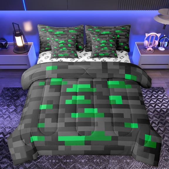 Homewish Black Green Abstract Twin Bedding Sets 7-Piece for Boys, Building Gamers Bedding Comforter Set, Pixelate Miner Reversible Sheet Sets, Microfiber Bedroom Decor