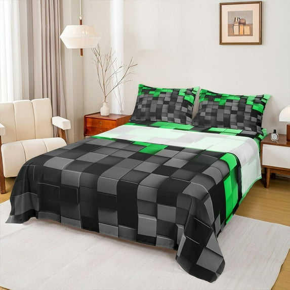 Homewish Black Green Plaid 3pcs Twin Sheet Sets For Female Men Adults,Abstract Geometric Buffalo Twin Fitted Sheet,Futuristic Cubes Breathable Flat Sheet,Microfiber Bedroom Decor