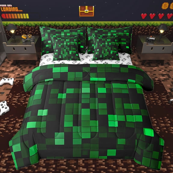 Homewish Black Green Rectangle Bedding Comforter Set 7 Pieces for Kids, Fashion Buffalo Plaid Full Bedding Set, Chic Abstract Reversible Fitted Sheet Flat Sheet, Super Cozy Room Decor
