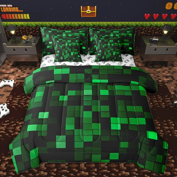 Homewish Black Green Rectangle Twin Bedding Sets 7-Piece for Kids, Fashion Buffalo Plaid Bedding Comforter Set, Chic Abstract Reversible Sheet Sets, Super Cozy Room Decor