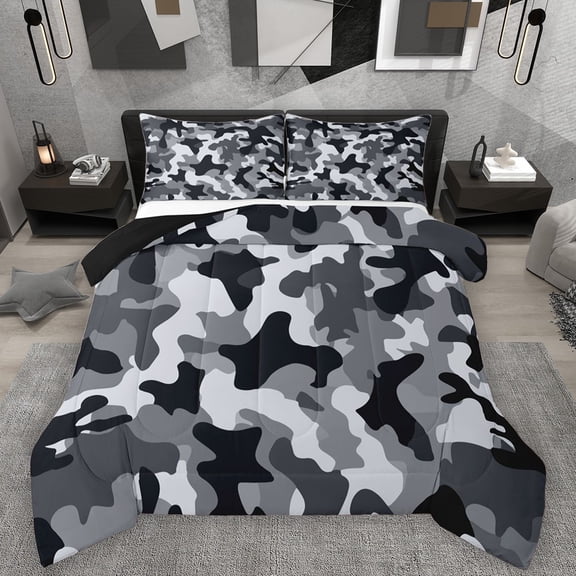Homewish Black Grey 3 Pieces Queen Comforter Set For Children Teens,Abstract Camo Ultra Soft Bedding Sets,Geometric Camouflage Bedding Comforter Set,Breathable Home Decor,Reversible