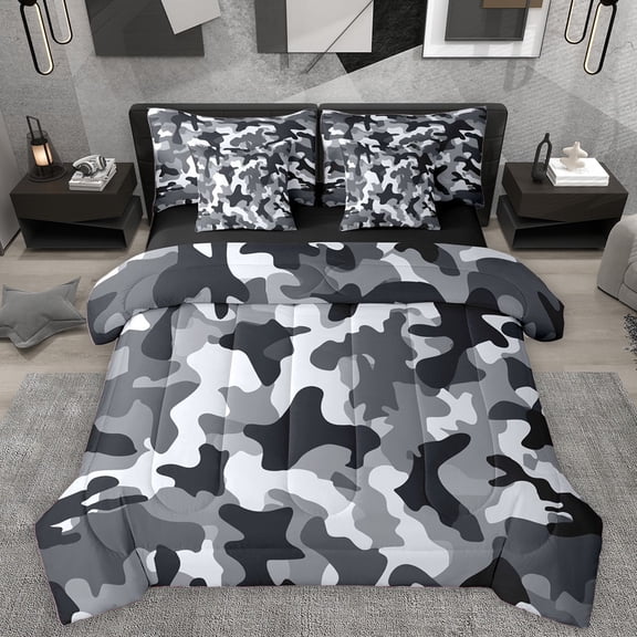Homewish Black Grey 7 Pieces Bedding Comforter Set For Children Teens,Abstract Camo Full Bedding Set Lightweight,Geometric Camouflage Fitted Sheet Flat Sheet,Breathable Home Decor,Reversible