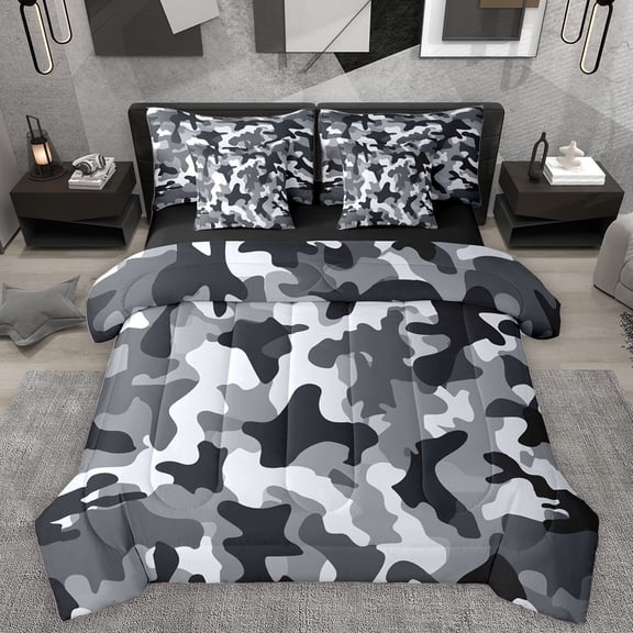 Homewish Black Grey 7pcs Bedding Comforter Set For Children Teens,Abstract Camo Queen Bedding Sets Super Cozy,Geometric Camouflage Queen Sheet Sets,Breathable Home Decor,Reversible