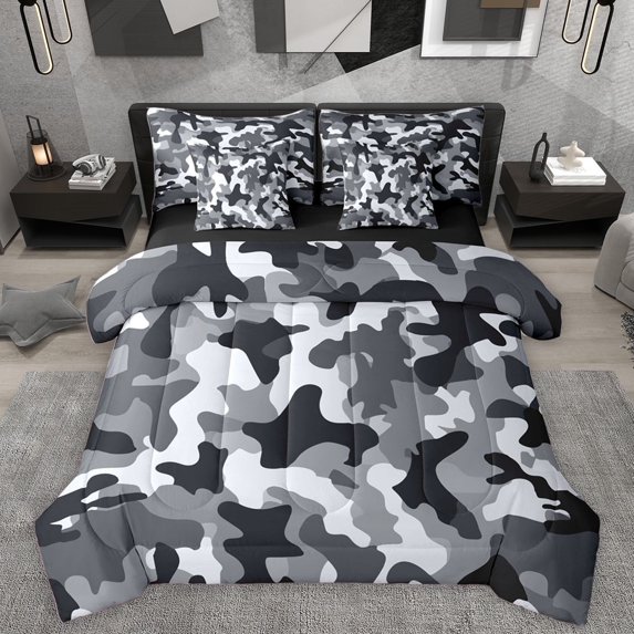Homewish Black Grey 7pcs Bedding Comforter Set For Children Teens,Abstract Camo Queen Bedding Sets Super Cozy,Geometric Camouflage Queen Sheet Sets,Breathable Home Decor,Reversible