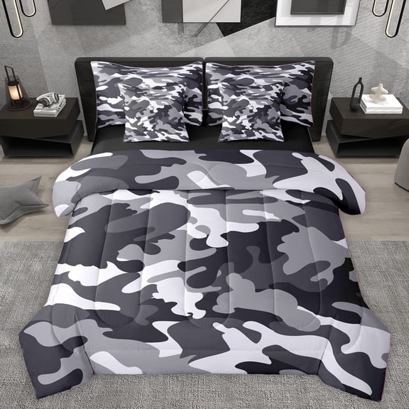 Homewish Black Grey Camo Bedding Comforter Set 7 Pieces for Boys Girls,Abstract Camouflage Full Bedding Set Lightweight,Geometric Theme Fitted Sheet Flat Sheet,Lightweight Room Decor,Reversible