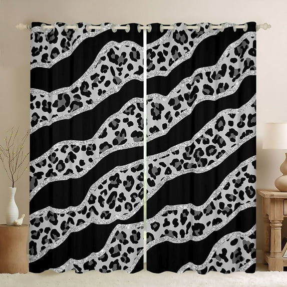 Homewish Black Grey Leopard Print Curtains Pack of 2 (42x84 Each) for Female, Fashion Lines Stripes Curtains Blackout, Modern Abstract Ombre Bedroom Curtains, Living Room Curtains Decor