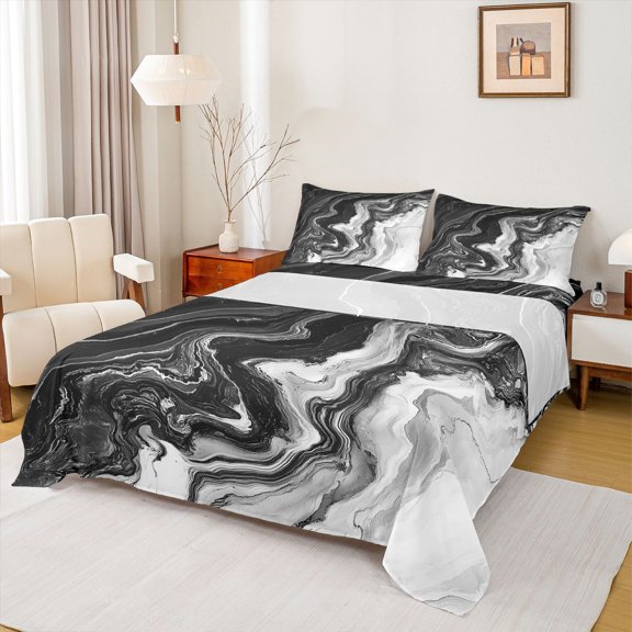 Homewish Black Grey Marbling Bed Sheets for Women, Chic Abstract Ombre King Sheets, Fashion Artwork Style Sheet Set, Microfiber Bedroom Decor, 4-Piece