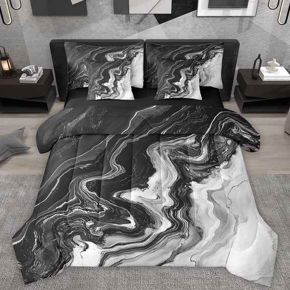 Homewish Black Grey Marbling Bedding Comforter Set 7pcs for Women, Chic Abstract Ombre King Bedding Sets, Fashion Artwork Style Reversible Bed Sheets, Microfiber Bedroom Decor