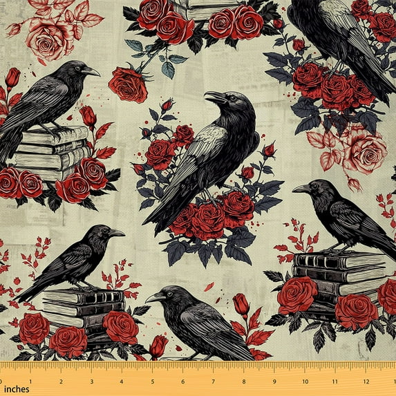 Homewish Black Halloween Crow Fabric by the Yard 1 Yard, Romantic Red Rose Room Decor Fabric by the Yard, Vintage Western Style Sewing Fabric, Lightweight Room Decor