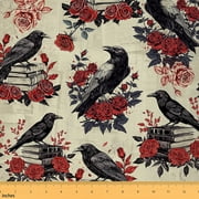 Homewish Black Halloween Crow Fabric by the Yard 2 Yards, Romantic Red Rose Sewing Fabric, Vintage Western Style Fabric for Sewing, Lightweight Room Decor