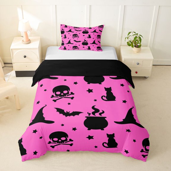 Homewish Black Halloween Icon Silhouette Twin Duvet Cover for Kids, Pink Cat Bat Skull Star Twin Bedding, Black Reversible, 2pcs, 1 Duvet Cover and 1 Pillowcase