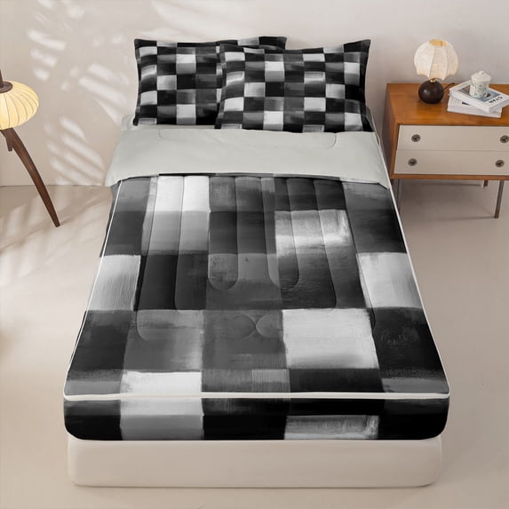 Homewish Black Ombre Checkered Zipper Twin Comforter Sets with Fitted Sheet and 2 Pillowcases,Abstract Artwork Zipper Bedding Set,Light Gray Reversible,4pcs