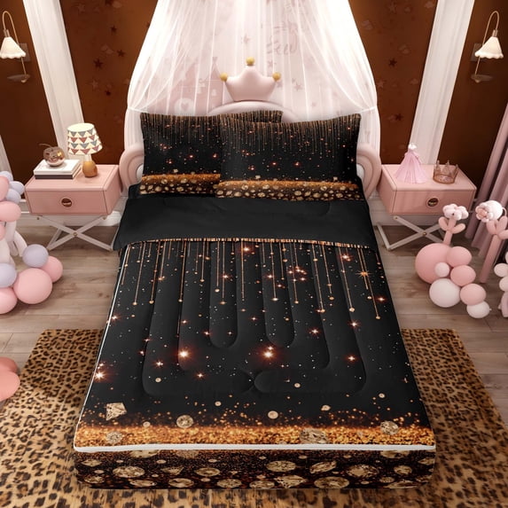 Homewish Black Orange Zipper Twin Comforter Sets with Fitted Sheet and 2 Pillowcases, Diamonds Sequins Print Zipper Bedding Set for Girls