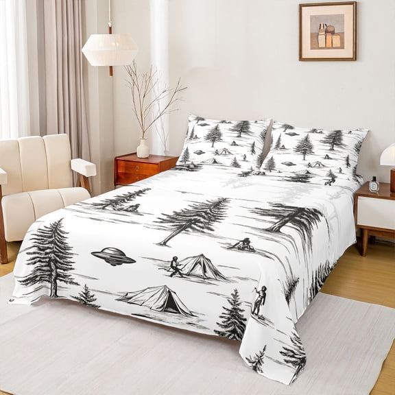 Homewish Black Pine Tree Bed Sheets for Kids, Rustic Farmhouse Plant King Sheets, Outer Space Spaceship Sheet Set, Microfiber Bedroom Decor, 4pcs