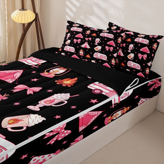 Homewish Black Pink Bow Camping Zipper Twin Comforter Sets with Fitted Sheet and 2 Pillowcases, RV Car Tent Zipper Bedding Set for Girls, Black Reversible, 4 Pieces