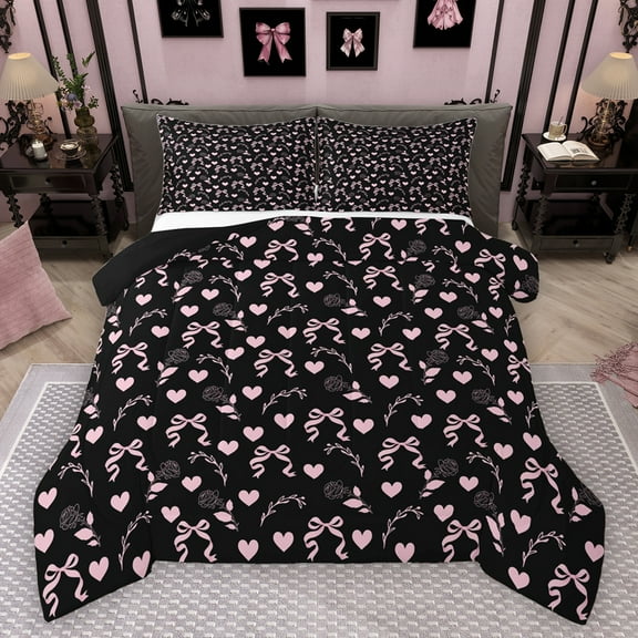 Homewish Black Pink Bowknot Bedding Comforter Set, Fashion Rose Flower Twin Comforter Sets, Kawaii Cartoon Love Heart Reversible Bedding Set, Super Cozy Room Decor, 2-Piece