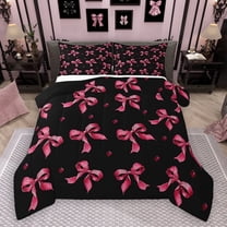 Homewish Black Pink Bowknot Full Size Comforter Sets for Kids, Kawaii Princess Ribbon Bedding Comforter Set, Cute Cartoon Reversible Bedding Sets, Super Cozy Room Decor, 3-Piece