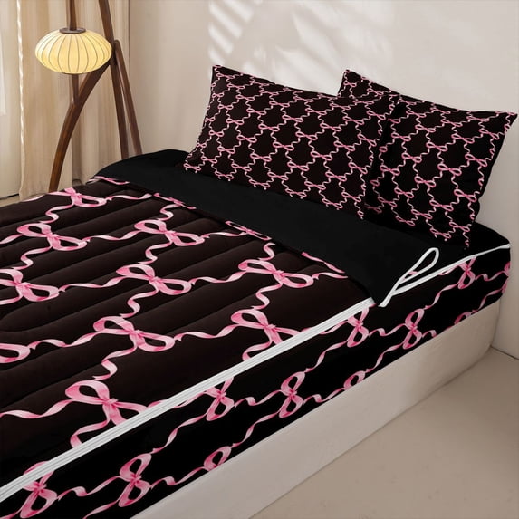 Homewish Black Pink Bowknot Kid Zipper Twin Comforter Sets with Fitted Sheet and 2 Pillowcases, Kawaii Cartoon Ribbon Zipper Bedding Set, Black Reversible, 4pcs