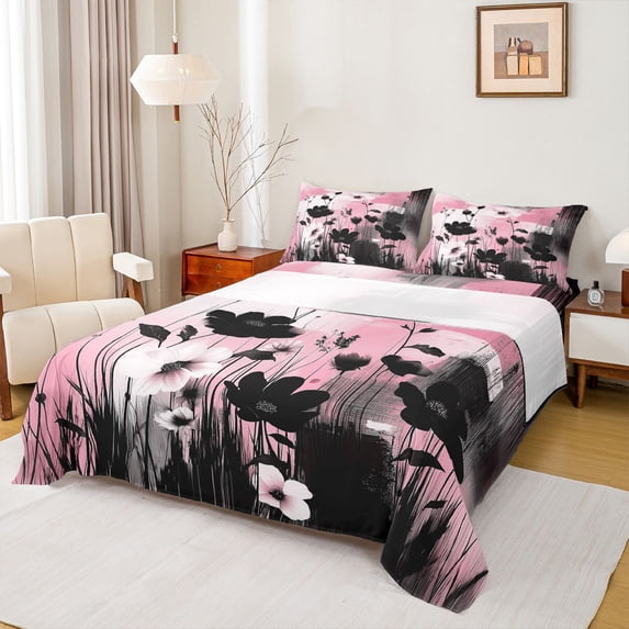 Homewish Black Pink Flowers 3pcs Twin Sheet Sets For Teens Boys Girls,Abstract Watercolor Artwork Twin Fitted Sheet,Retro Vintage Breathable Flat Sheet,Luxury Bedroom Decor