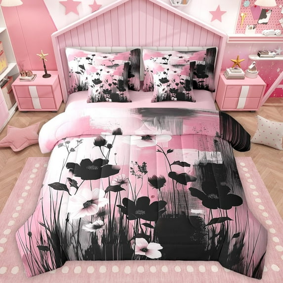 Homewish Black Pink Flowers 7-Piece Twin Bedding Sets For Teens Boys Girls,Abstract Watercolor Artwork Bedding Comforter Set,Retro Vintage Breathable Sheet Sets,Luxury Bedroom Decor,Reversible