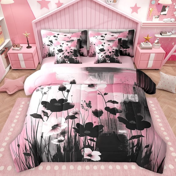 Homewish Black Pink Flowers 7pcs Bedding Comforter Set For Teens Boys Girls,Abstract Watercolor Artwork Queen Bedding Sets Super Cozy,Retro Vintage Queen Sheet Sets,Luxury Bedroom Decor,Reversible