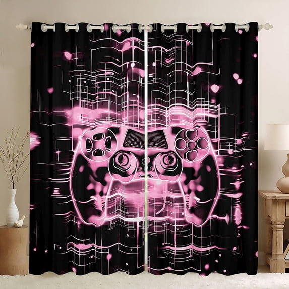Homewish Black Pink Gamepad Black Out Curtains, Neon Gradient Game Console Curtains Pack of 2 (42x63 Each), Cartoon Theme Bedroom Curtains, Living Room Curtains Decor