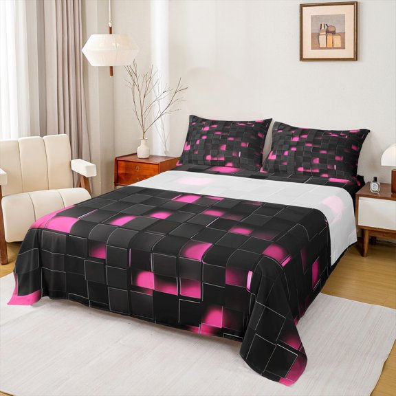 Homewish Black Pink Honeycomb Twin Sheet Sets, Chic Rectangle Square Twin Fitted Sheet, Teens Kids Boys Girls Flat Sheet, Ultra Soft Bedroom Decor, 3 Pieces