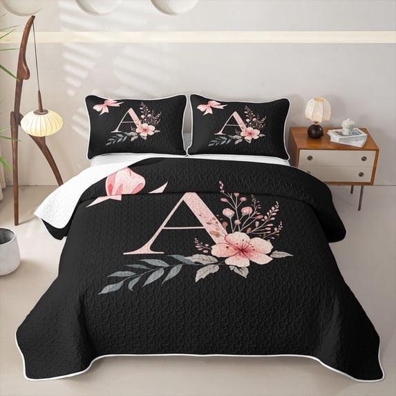 Homewish Black Pink Letter A Floral Bow Print Twin Quilt Set,Monogram Style Twin Coverlet Set For Girls,2pcs
