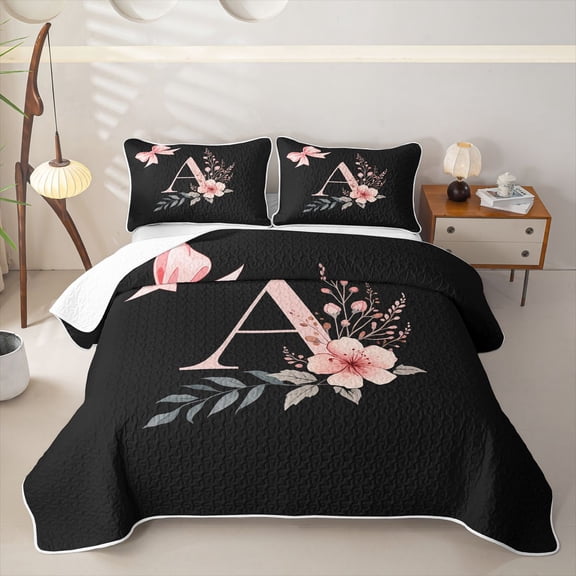 Homewish Black Pink Letter A Floral Bow Print Twin Quilt Set,Monogram Style Twin Coverlet Set For Girls,2pcs