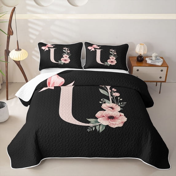 Homewish Black Pink Letter U Floral Bow Print Bed Spread Queen,Monogram Style Queen Coverlet Set For Girls,3-Piece