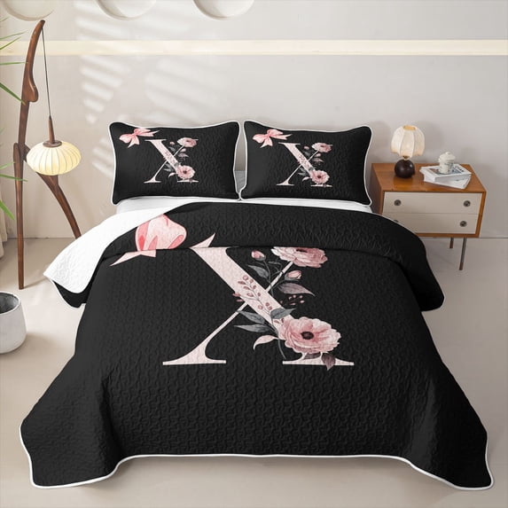 Homewish Black Pink Letter X Floral Bow Print Quilt Full,Monogram Style Full Bedspread Sets For Girls,3pcs
