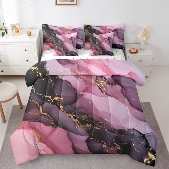 Homewish Black Pink Marble 7 Pieces Full Size Bedding Sets,Modern Aesthetic Art Full Size Bed in a Bag,Reversible
